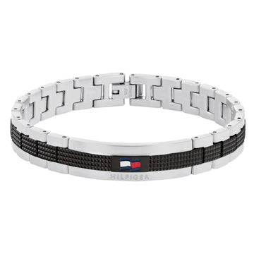 Ανδρικό ατσάλινο βραχιόλι Tommy Hilfiger 2790643 χειροπέδα σε ασημένιο χρώμα με μαύρες λεπτομέρεις και σχέδιο μπρασελέ.